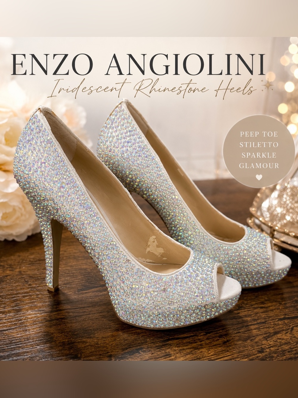 Enzo Angiolini Iridescent Crystal Ivory Peep-Toe Heels